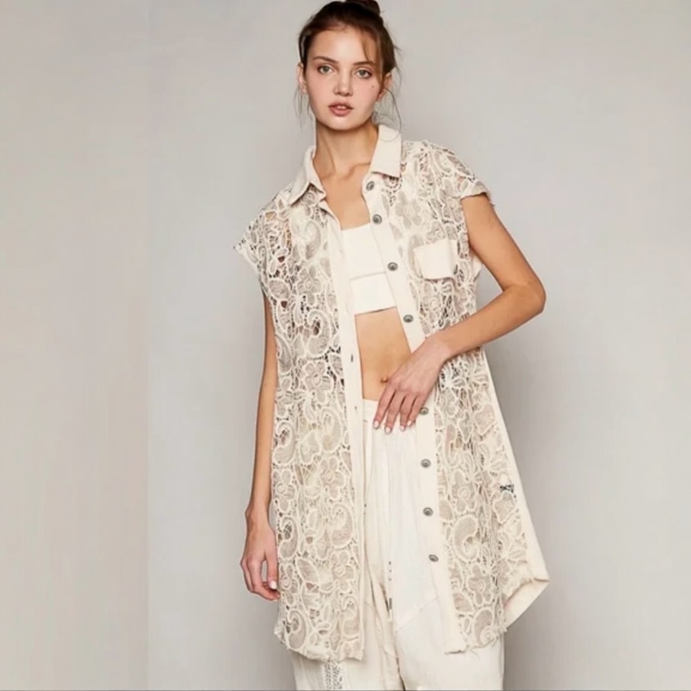 Pol Long Crochet Cardigan Duster Vest M